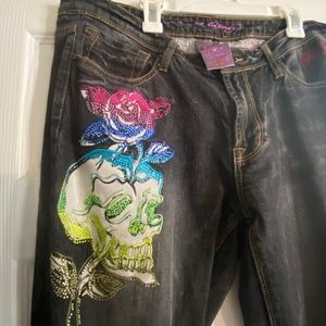 Ed Hardy Women's Stretch Size 12 Skull and Rose Straight Jean
